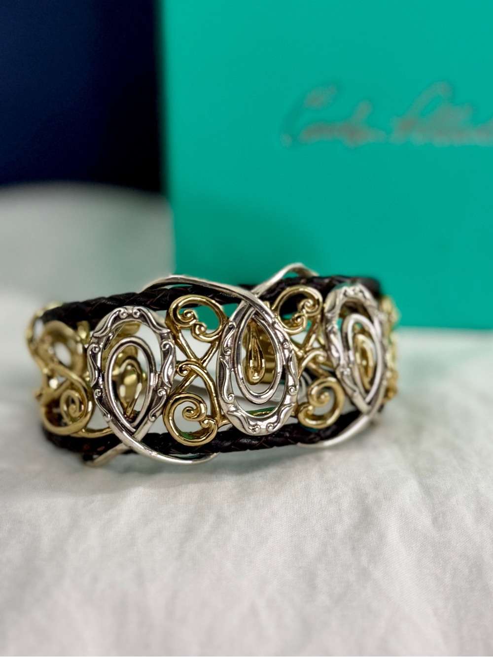 CAROLYN POLLACK American West Sterling Silver Brass  Braided Leather Cuff NEW - Picture 2 of 9